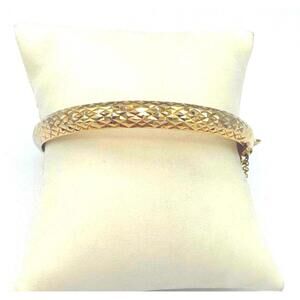14k Gold Clad (925Y) Sterling Silver Diamond Cut Hinged Bangle w/ Safety Chain